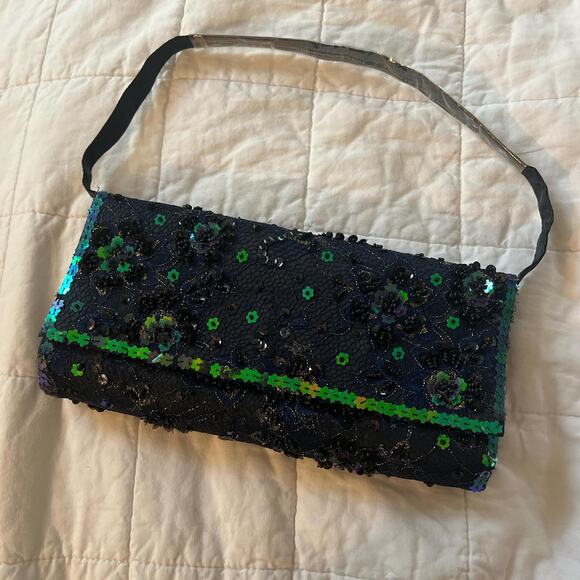 Navy‎ blue and green sequin clutch bag 9x5 inches - Picture 1 of 7